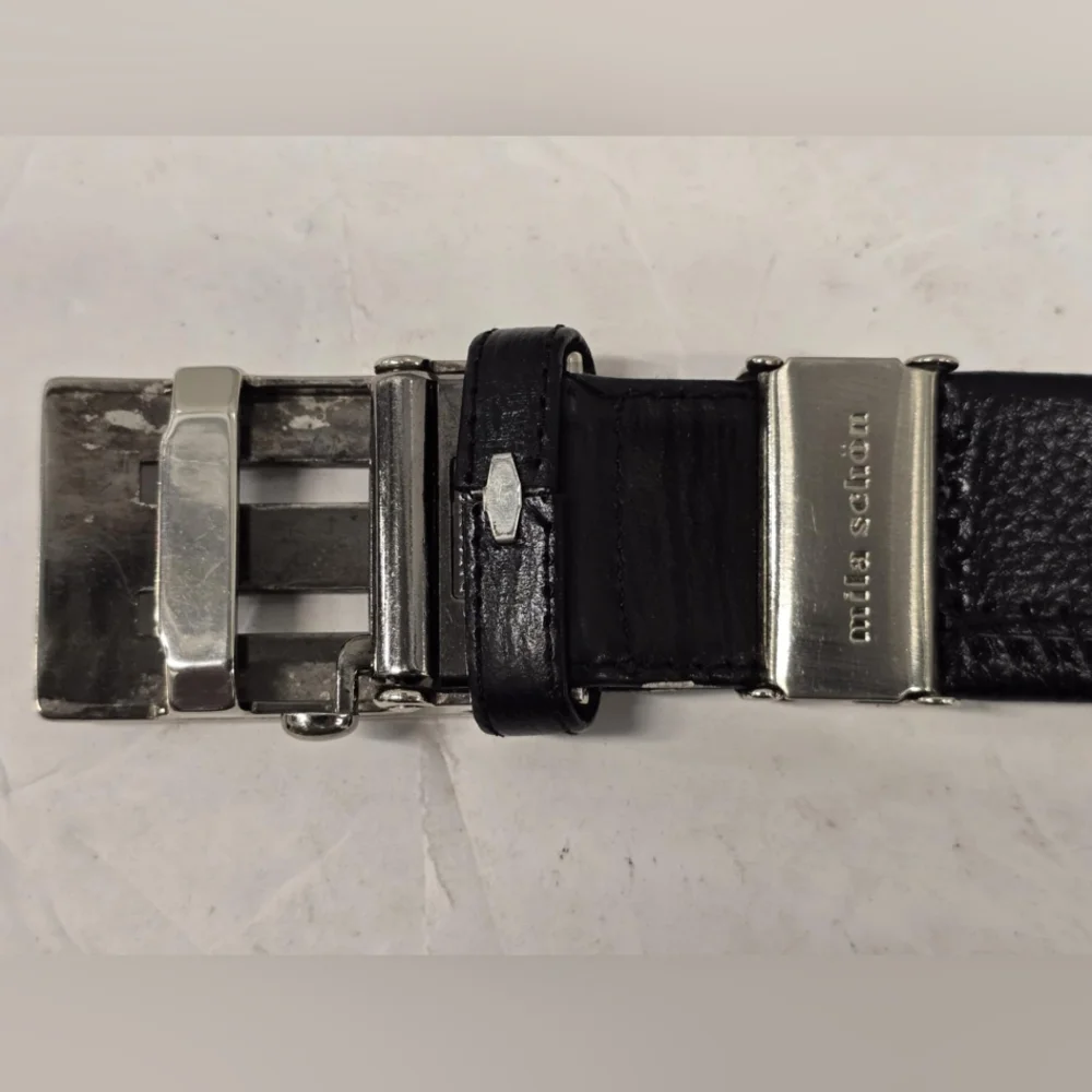 Mila Schon Black Leather‎ Silver Tone Buckle Belt
